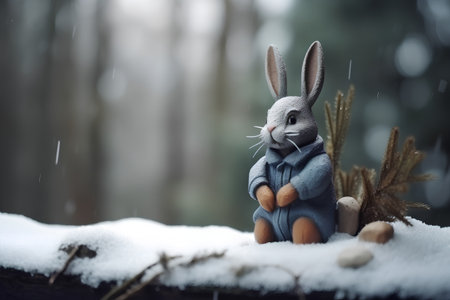Easter bunny in the snow. Happy Easter concept. Selective focus.の素材