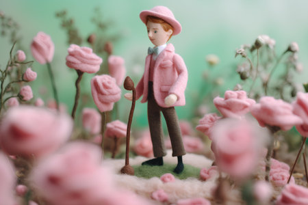 Little girl in a pink fur coat and a beret stands among pink flowersの素材