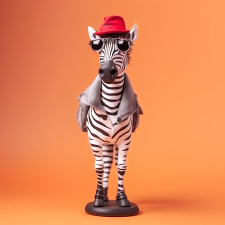 Plasticine Zebra with hat and sunglasses isolated on orange backgroundの素材
