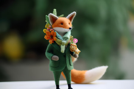 Cute little fox with flowers in her hair on green background.の素材