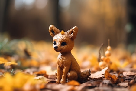 Little fox sitting in the autumn forest, selective focus on the toyの素材