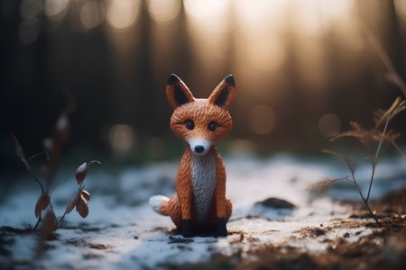 Funny little red fox toy in winter forest at sunset time.の素材