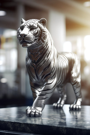 Close up of a tiger statue in the office. 3D renderingの素材