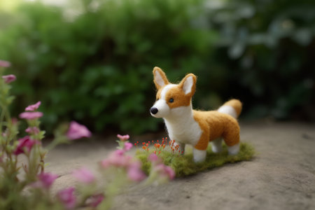Welsh Corgi dog in garden with flowers and grass.の素材