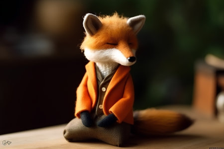 Cute little fox toy with orange scarf on a wooden table.の素材