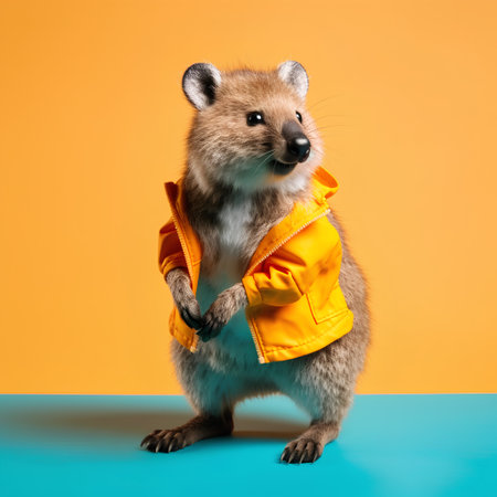 Cute hamster in a yellow jacket on a blue background.の素材