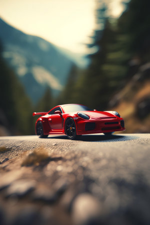 Red sports car on the road in the mountains. 3d renderingの素材