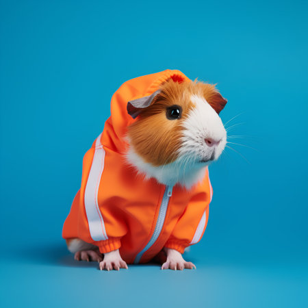 Cute guinea pig in orange raincoat on blue background.の素材
