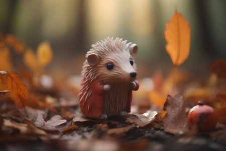 hedgehog in the autumn forest with fallen leaves and ladybugの素材