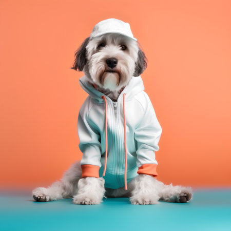 Cute dog in sportswear. Studio shot on orange background.の素材