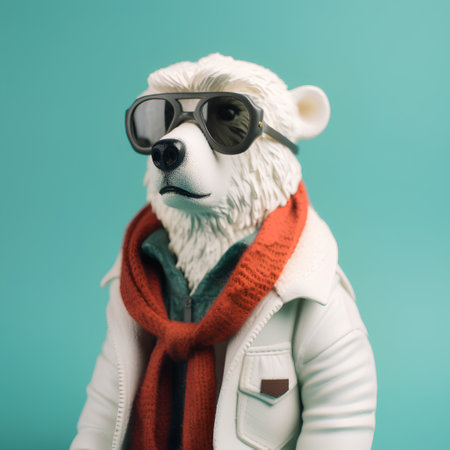 Portrait of a white polar bear wearing sunglasses and a red scarf.の素材