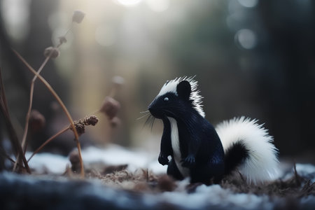Little black and white skunk standing in the snow in the forestの素材