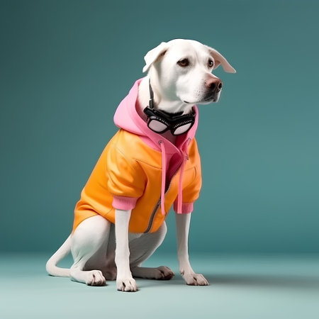Studio shot of a cute white labrador retriever wearing a hoodie.の素材