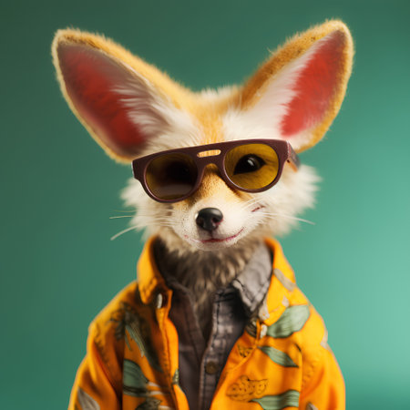 Funny fox wearing sunglasses and jacket on a green background. Close up.の素材