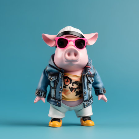 Pig wearing a leather jacket and sunglasses on a blue background.の素材