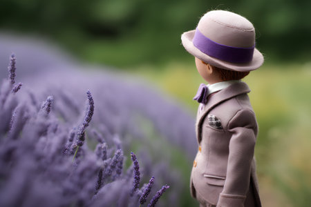 A little girl in a hat and coat stands in the lavender field.の素材