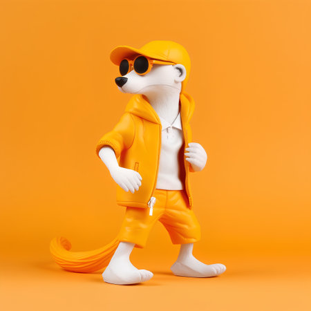 Panda in orange raincoat and sunglasses isolated on orange background. 3d illustrationの素材