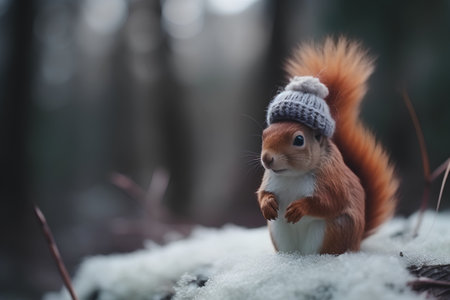 Cute squirrel in winter hat standing on snow in the forest.の素材