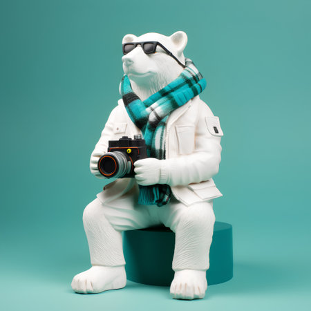 Polar bear in a white coat with a retro camera on a blue backgroundの素材