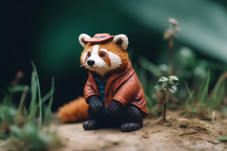 Plasticine toy red panda sitting on the ground in the forestの素材