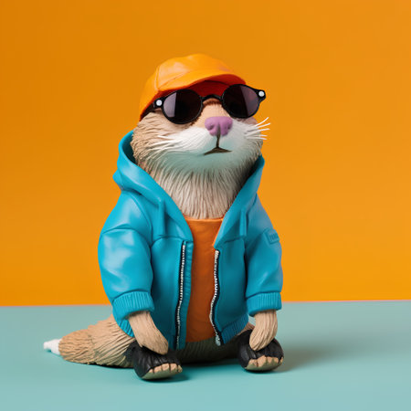 Funny cartoon cat in a blue raincoat, sunglasses and a cap on a yellow background.の素材