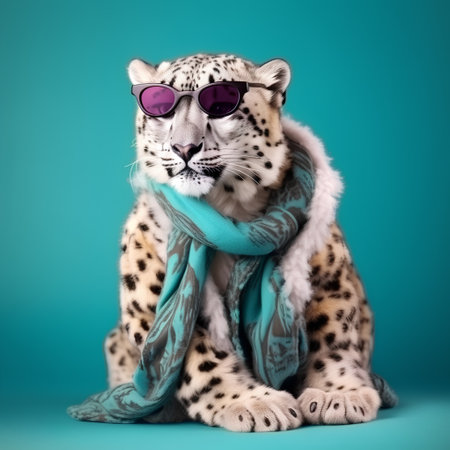 Snow leopard in sunglasses and scarf sitting on blue background. Studio shot.の素材