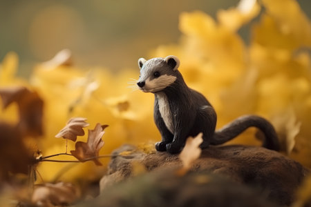 Little otter sitting on a rock in the autumn forest with leavesの素材
