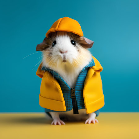 Guinea pig in a yellow jacket and cap on a blue background.の素材