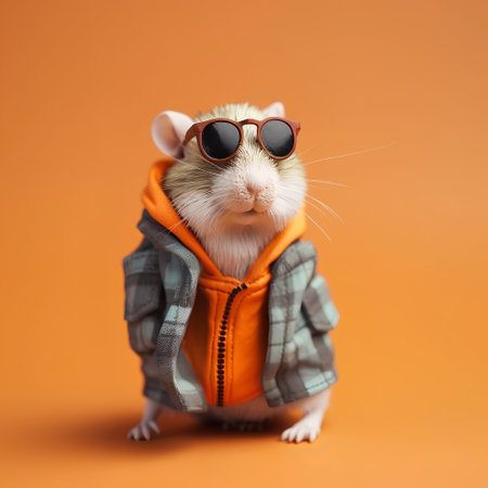 Funny white domestic rat with sunglasses in a jacket on an orange backgroundの素材