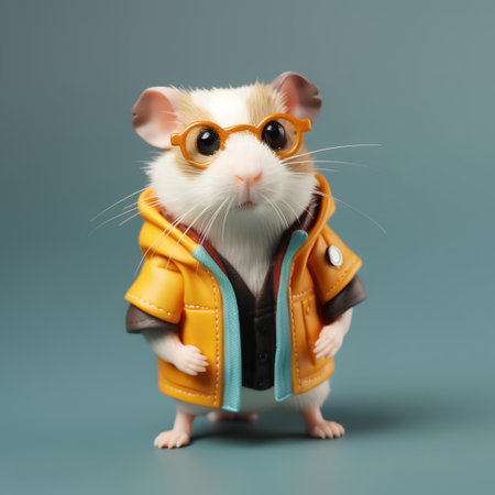 Cute hamster in yellow jacket and sunglasses. 3D illustration.の素材