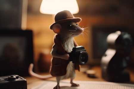 Cute rat in hat and scarf with camera on the background of roomの素材