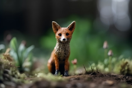 Little red fox sitting on the ground in the forest, close-upの素材