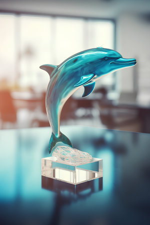 Dolphin jumping on a podium in a modern office. 3d renderingの素材