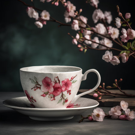 Cup of coffee with sakura blossom branch on dark backgroundの素材