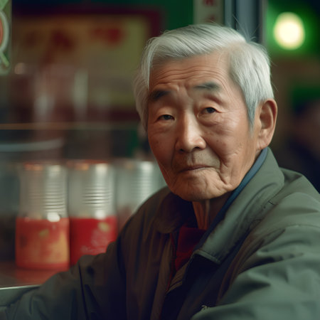 Portrait of an elderly asian man sitting in a restaurant.の素材