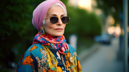 Portrait of a beautiful middle-aged woman in sunglasses and a headscarf.の素材