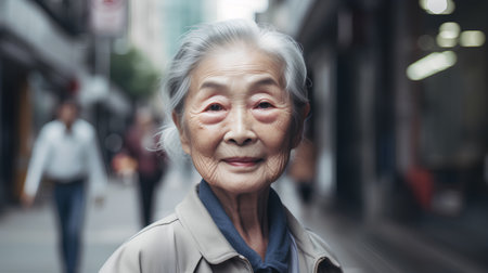 Portrait of elderly asian woman walking on the street in the cityの素材