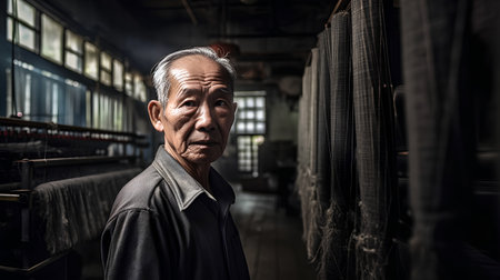 Old man working in the textile factory. Selective focus. Vintage tone.の素材