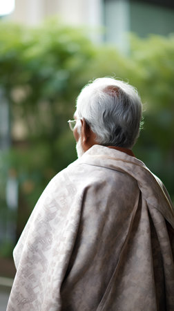 Elderly asian man with grey hair looking away at homeの素材