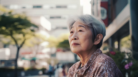 Portrait of an elderly asian woman looking at camera in the cityの素材