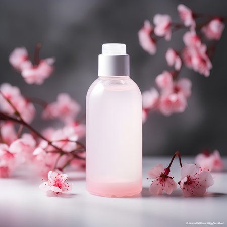 Cosmetic bottle with pink sakura blossom on gray background.の素材