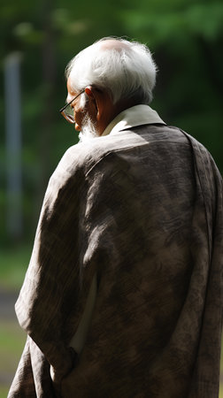 Old man with a long white beard in a brown coat and glassesの素材