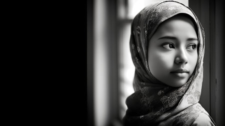 Portrait of a beautiful Asian muslim woman wearing hijab looking out the windowの素材
