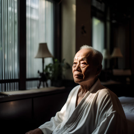 Portrait of an old Asian man sitting on a bed at homeの素材