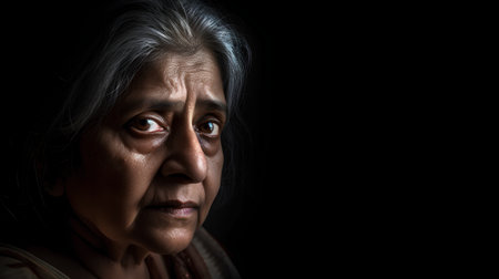 Portrait of an elderly woman on a black background. Selective focus.の素材