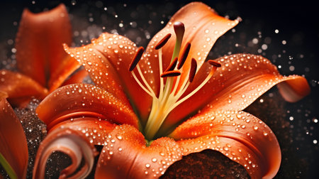 Beautiful orange lily flower on black background with water drops.の素材
