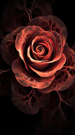 Red rose on black background. Fantasy fractal design. Psychedelic digital art. 3D rendering.の素材