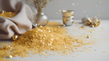 Golden glitter on a white background. Golden sparkles on a gray background.の素材