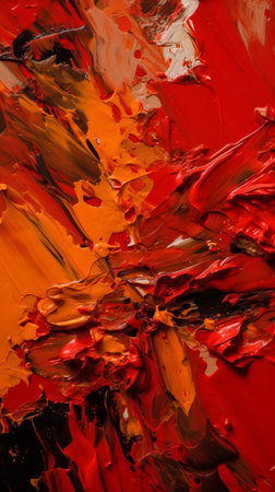 Abstract acrylic paint background. Red, orange and yellow colors. Macro shot.の素材