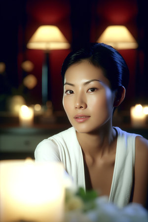 Portrait of beautiful young asian woman in spa salon with candles.の素材